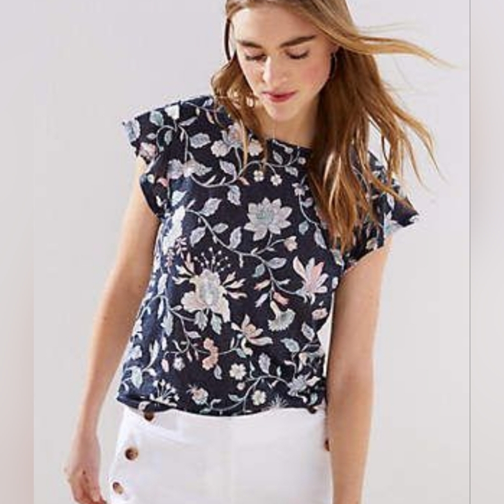 LOFT floral flutter sleeve linen tee
